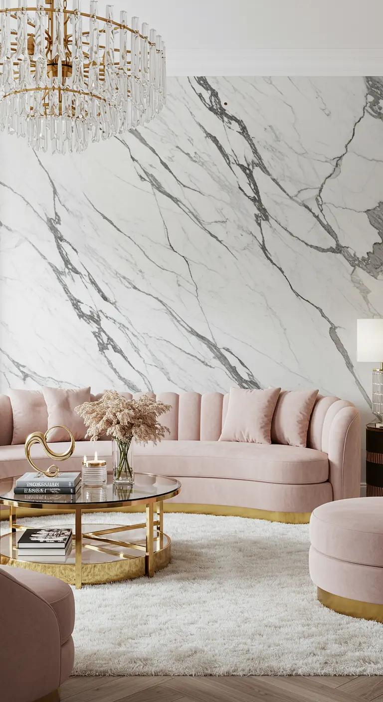Salon luxueux avec un mur d'accent en marbre blanc veiné de gris et un canapé rose poudré.