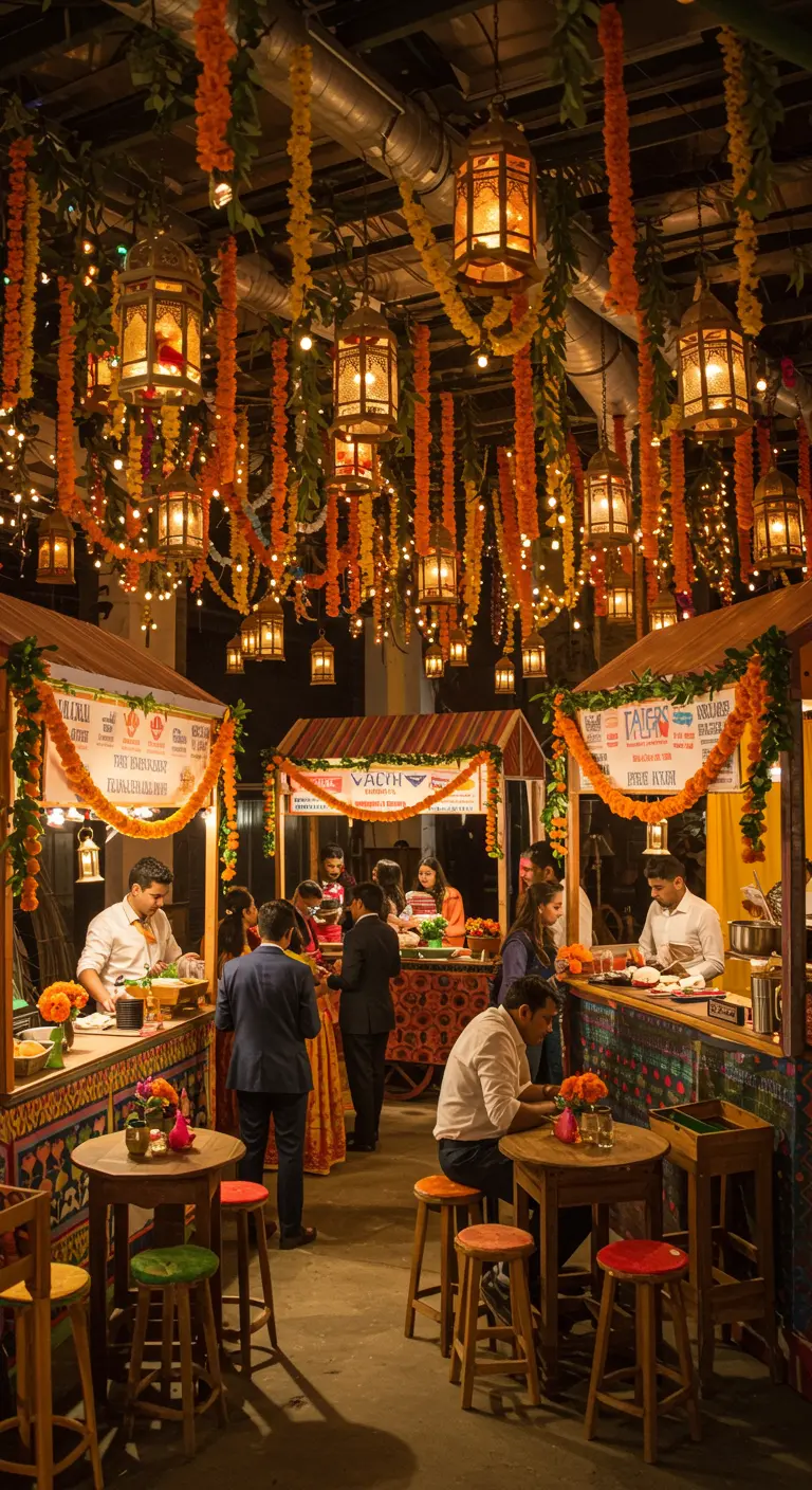 Scène de marché de nuit avec des stands de nourriture et des guirlandes de fleurs.