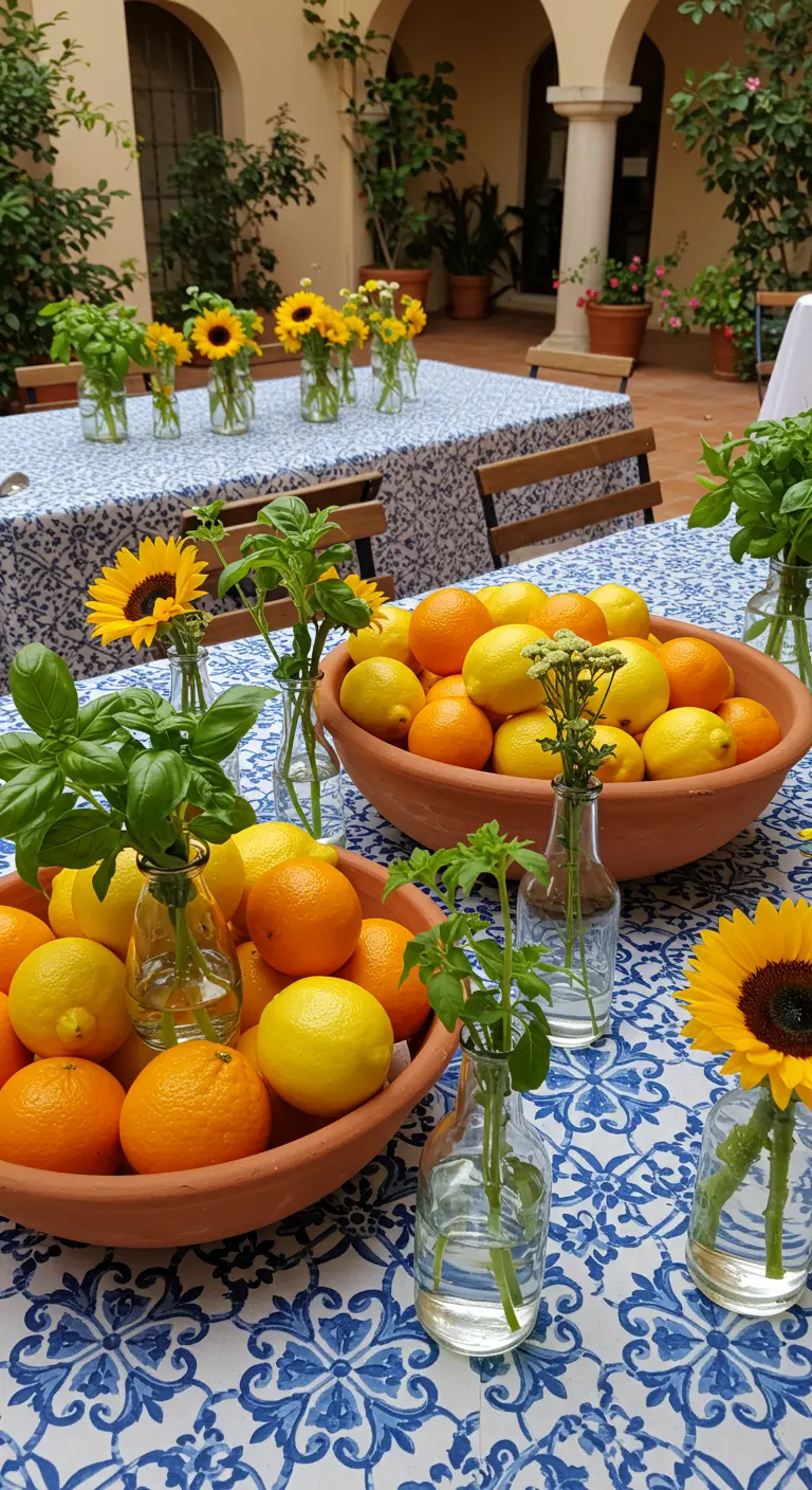 Table avec nappe bleue et blanche, bols en terre cuite remplis d'agrumes et de basilic.