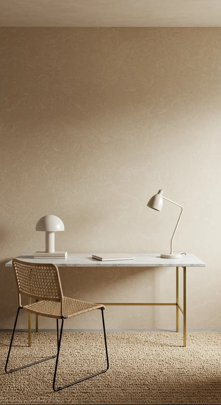 Bureau fin avec plateau en marbre et pieds dorés, chaise en rotin tressé.