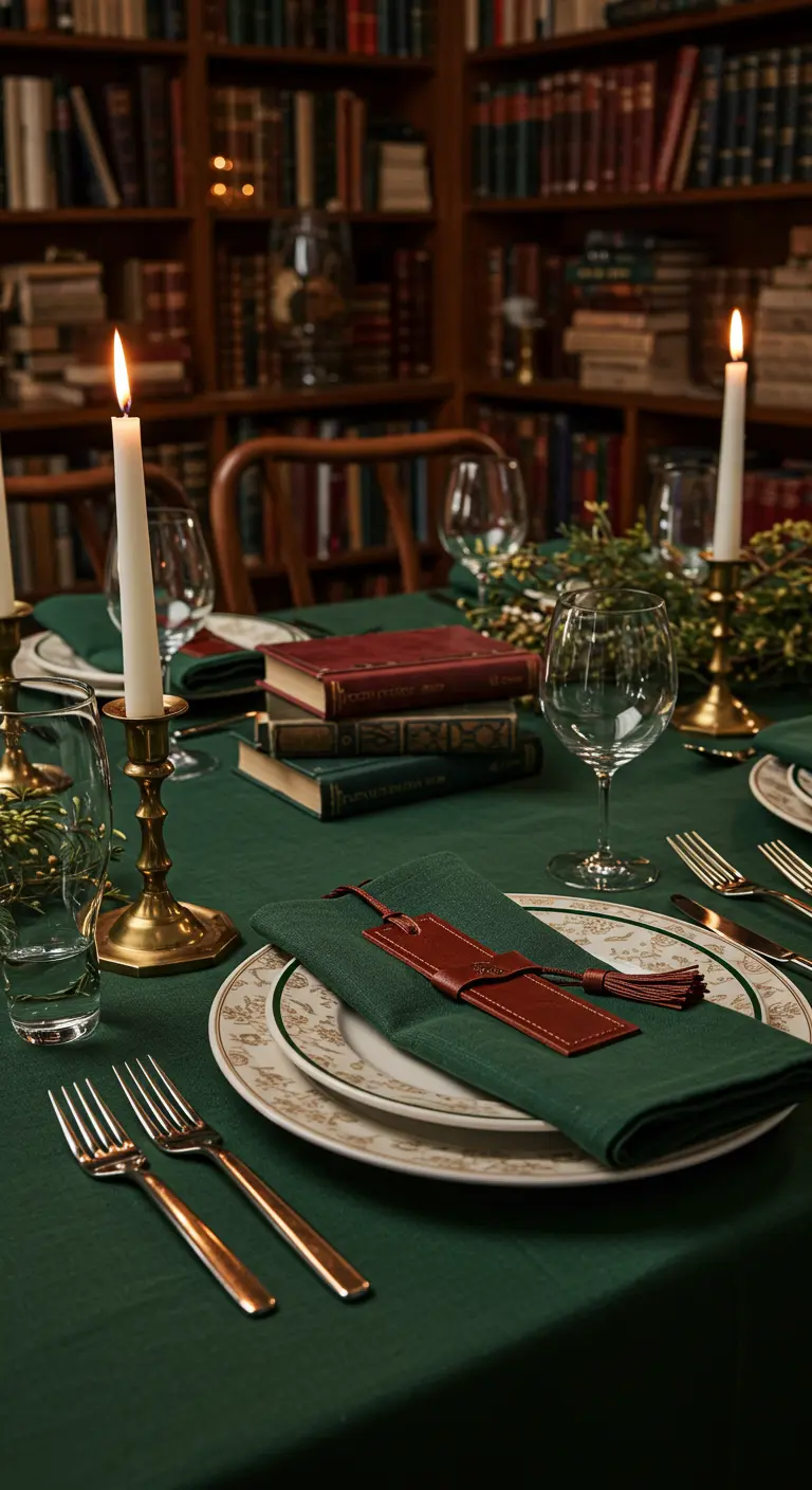 Table de fête dans une bibliothèque avec un marque-page en cuir sur la serviette.