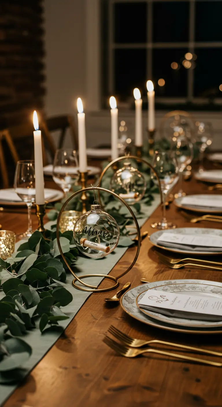 Une boule de Noël personnalisée utilisée comme marque-place sur une table.
