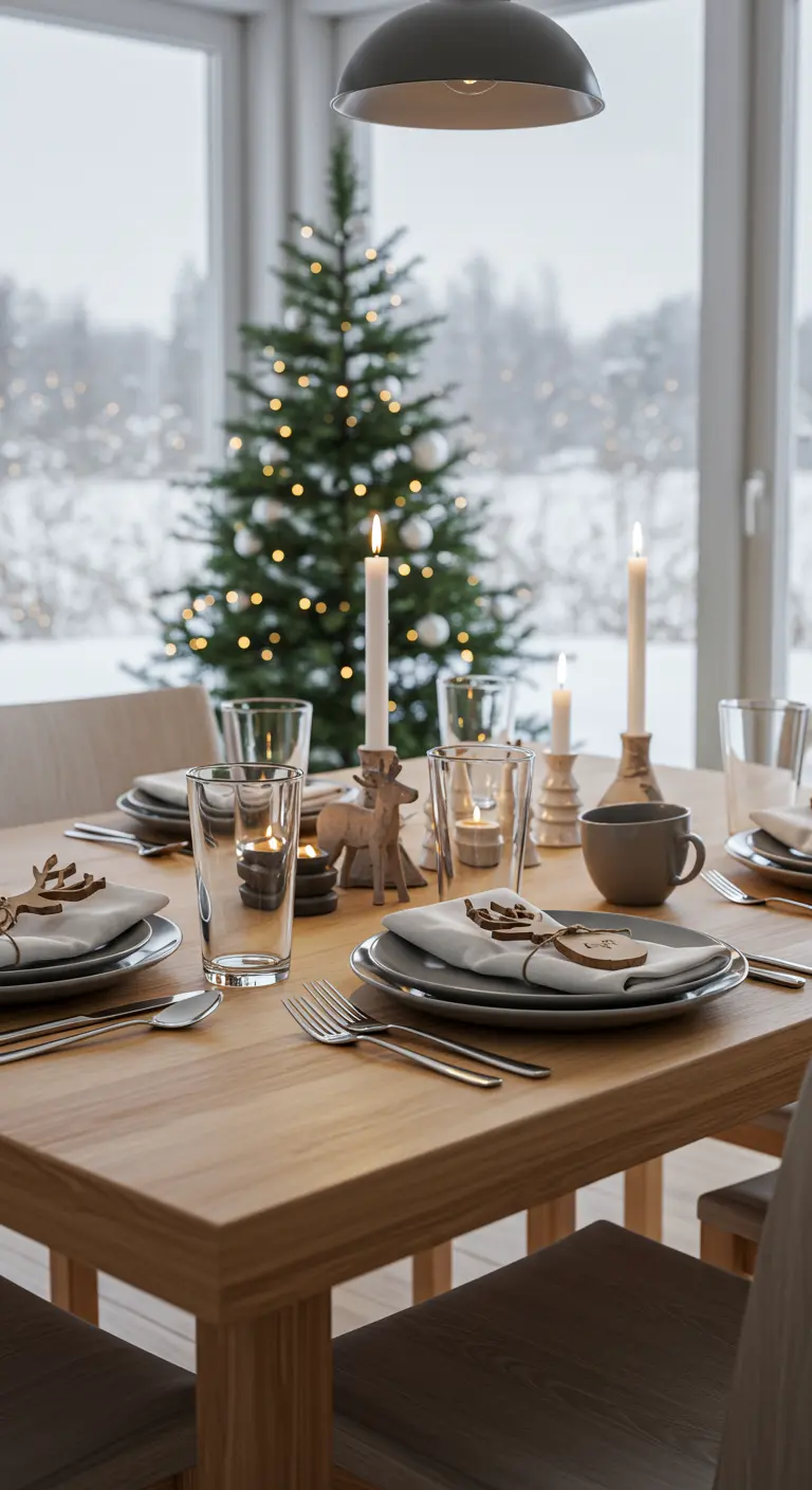 Décoration de table de Noël de style scandinave avec des rennes en bois.