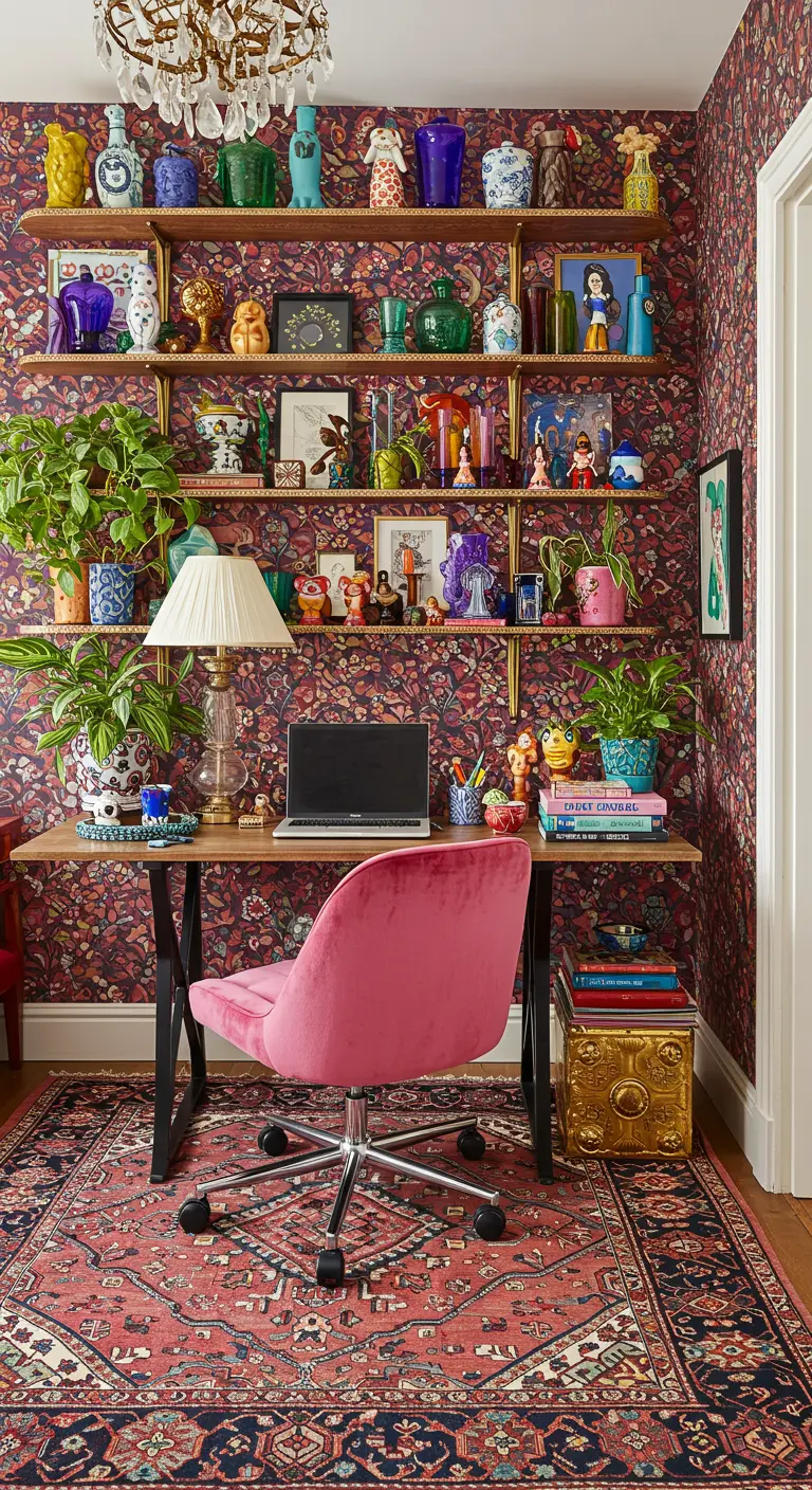 Bureau maximaliste avec papier peint floral, chaise en velours rose et étagères colorées.
