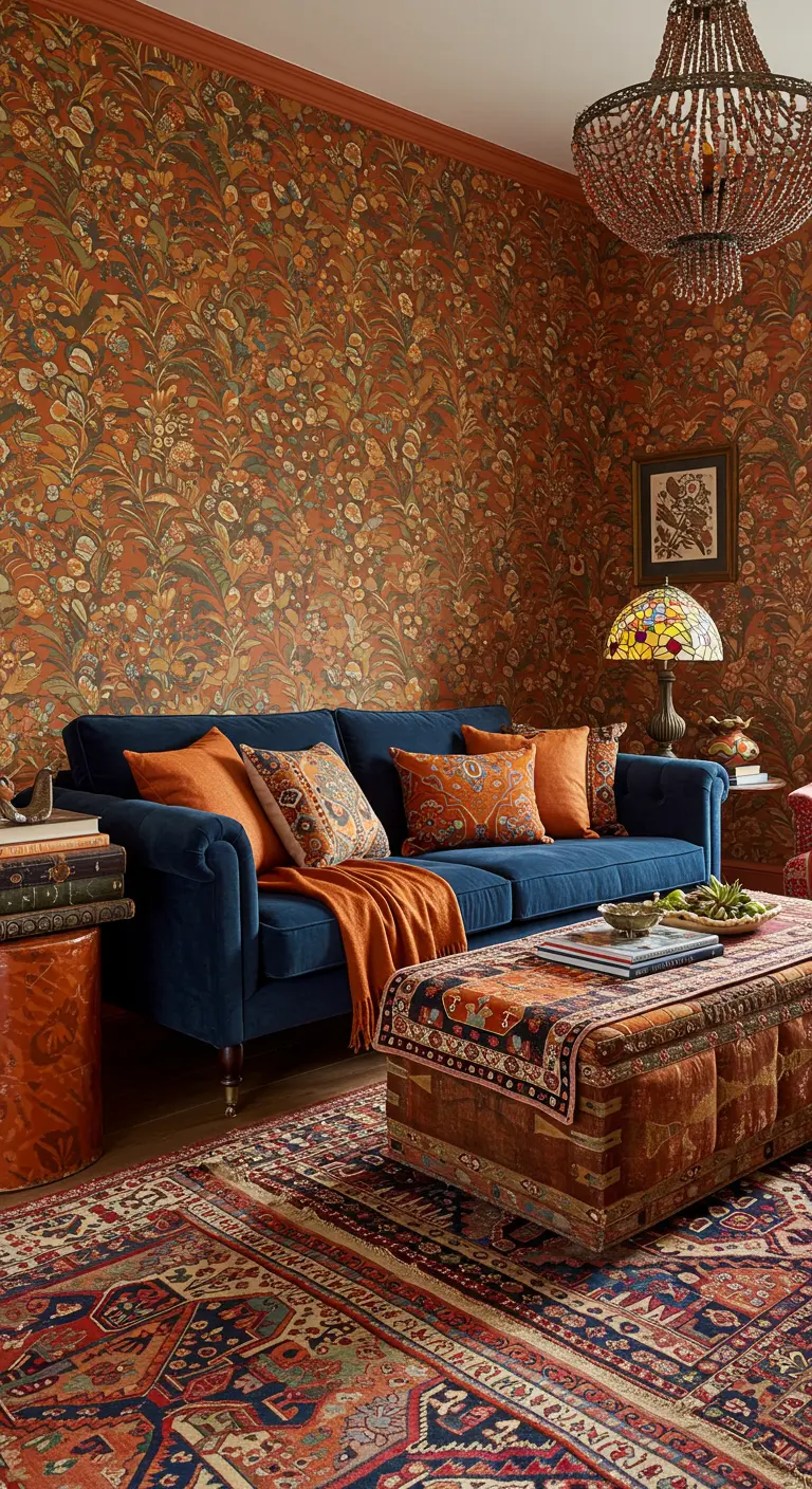 Salon maximaliste avec papier peint floral terracotta et canapé en velours bleu.