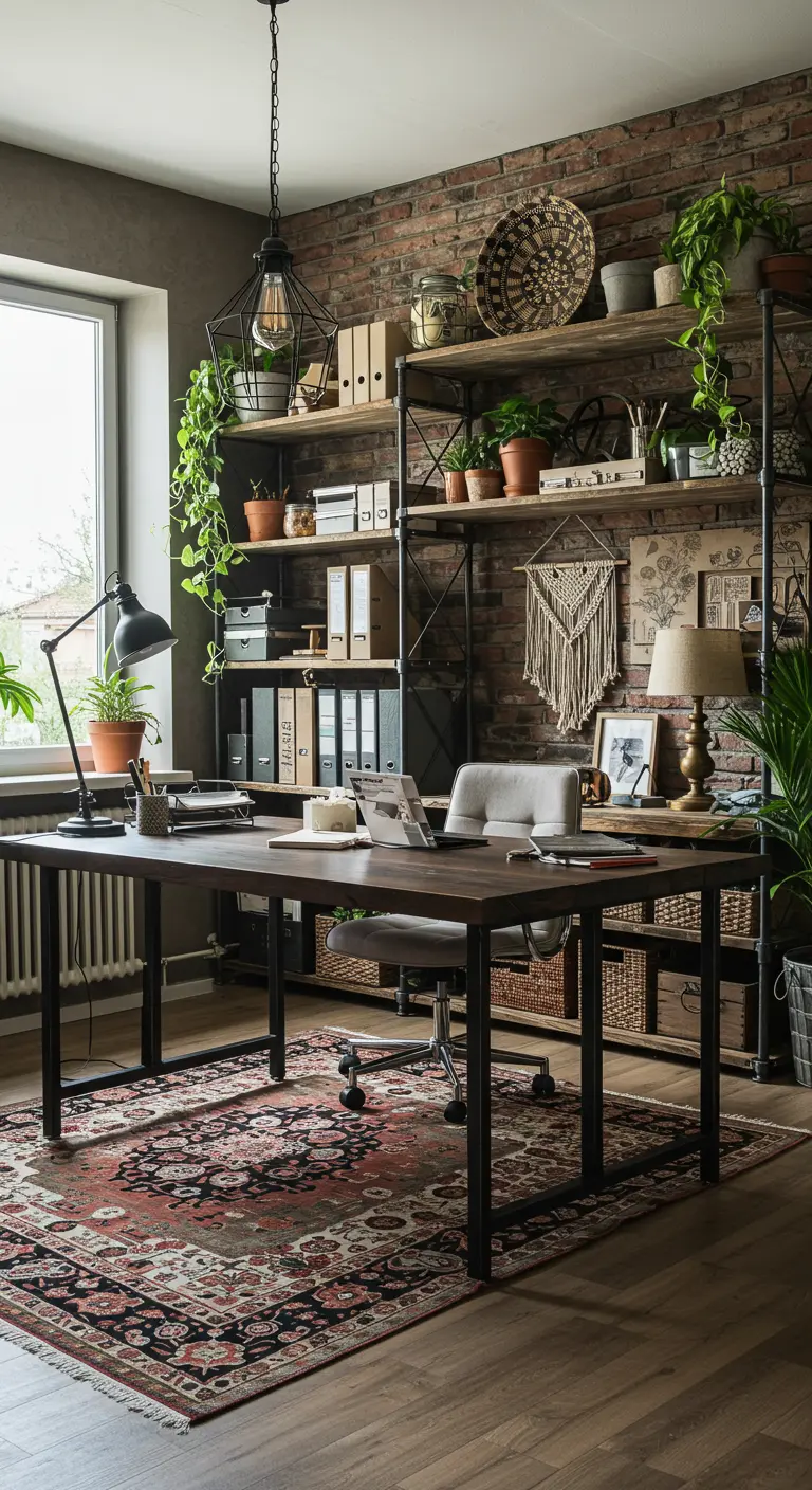 Bureau bohème industriel avec mur de briques, étagères noires, plantes et tapis ethnique.