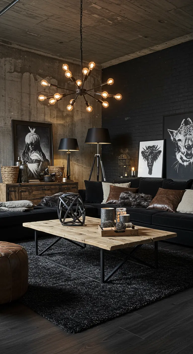 Salon industriel sombre avec canapé noir, table basse en bois, tapis texturé, lustre sputnik et œuvres d'art.