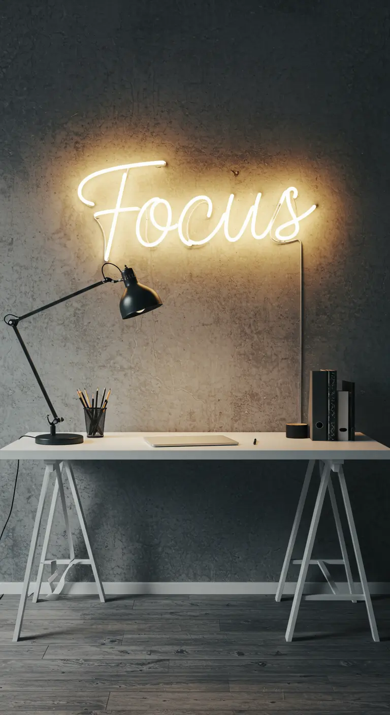 Bureau minimaliste avec une enseigne lumineuse au néon