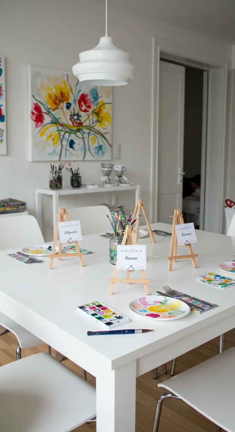 Table de fête transformée en atelier d'artiste avec des mini-chevalets et des palettes d'aquarelle.
