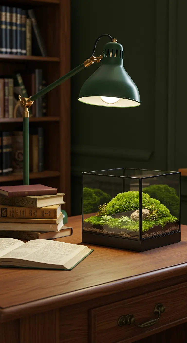 Grand terrarium cubique noir avec paysage de mousse sur un bureau en bois sombre, éclairé par une lampe verte.