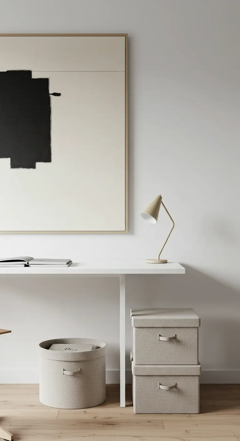 Bureau blanc minimaliste avec deux boîtes de rangement en tissu beige et une lampe design.