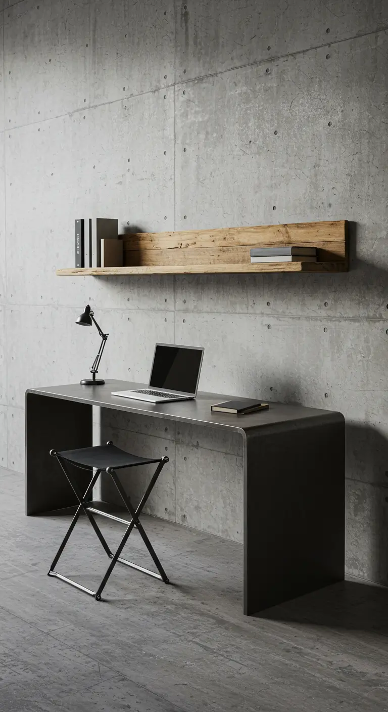 Bureau minimaliste en métal sombre devant un mur en béton brut, avec une étagère en bois flottante.