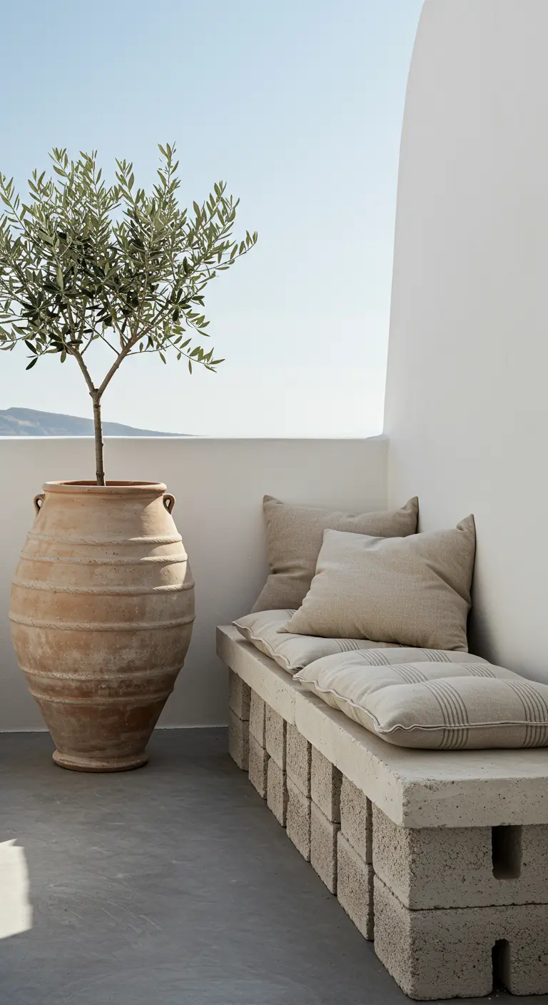Balcon minimaliste avec banc en parpaings, coussins en lin et grand olivier.