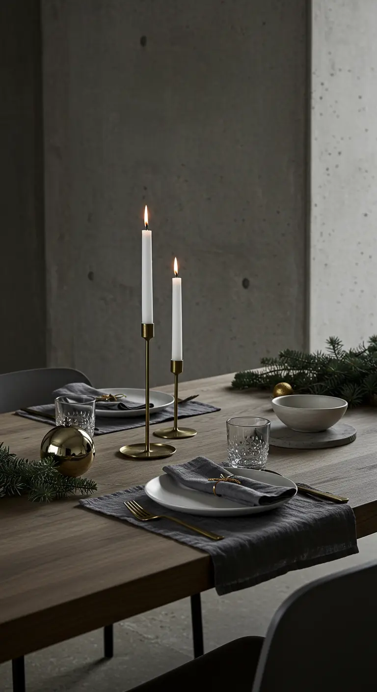 Table de style minimaliste avec des bougeoirs fins en laiton et du linge de table gris.