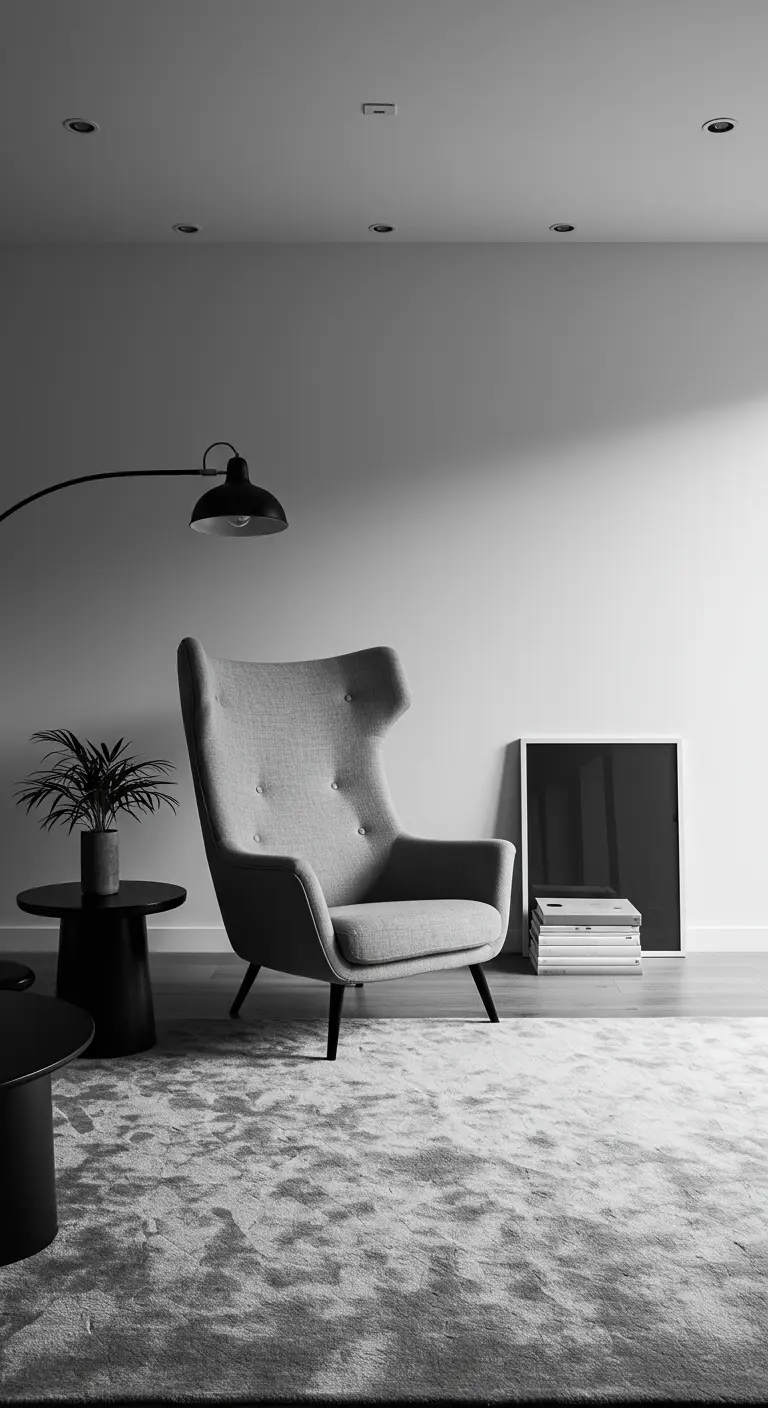 Fauteuil à haut dossier gris dans un salon minimaliste en noir et blanc.