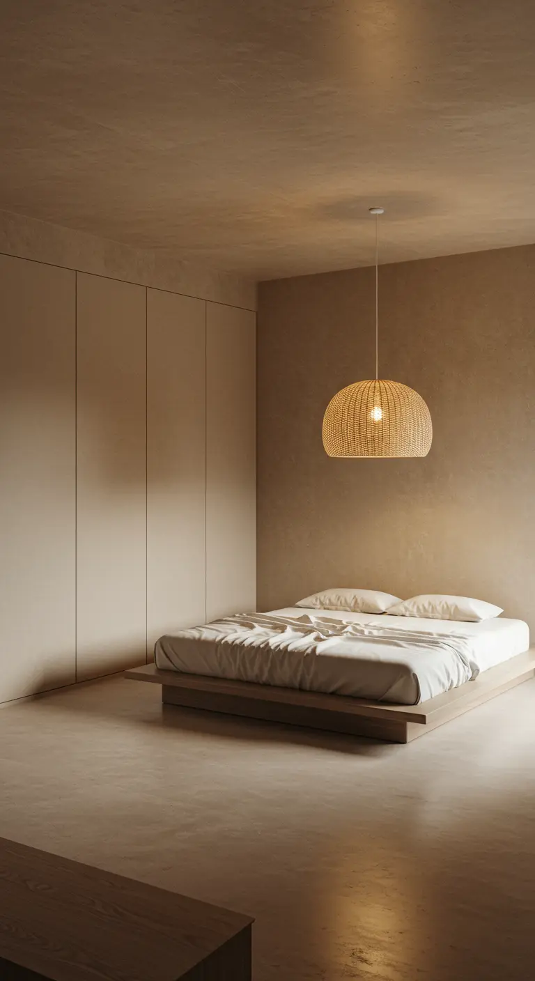 Chambre minimaliste avec murs texturés beiges, lit bas et suspension en rotin.