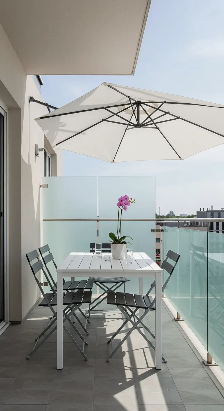 Petit balcon moderne avec table blanche, chaises grises, parasol mural blanc et orchidée.