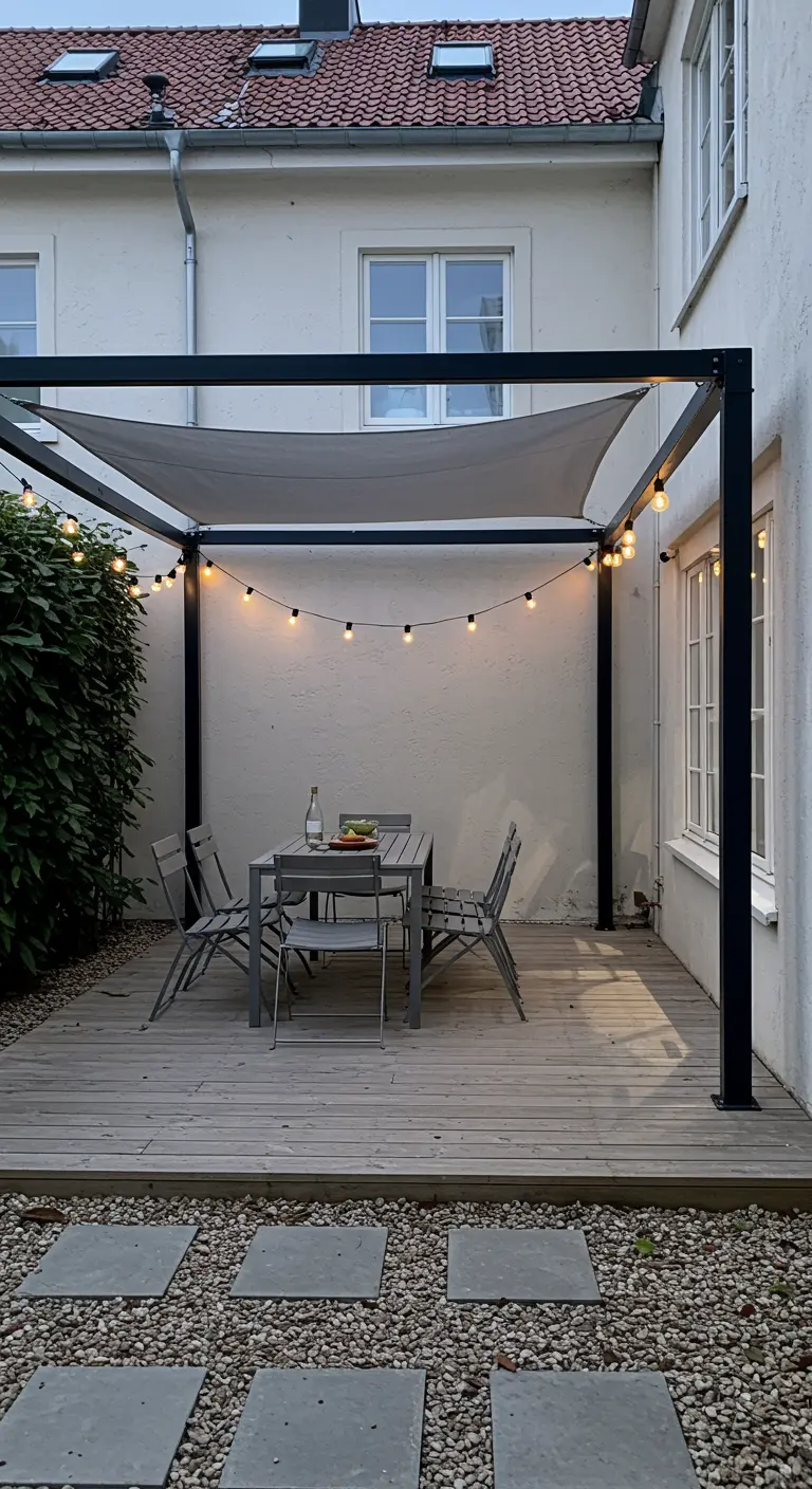 Pergola noire minimaliste avec une voile grise au-dessus d'une table à manger sur une terrasse en bois.