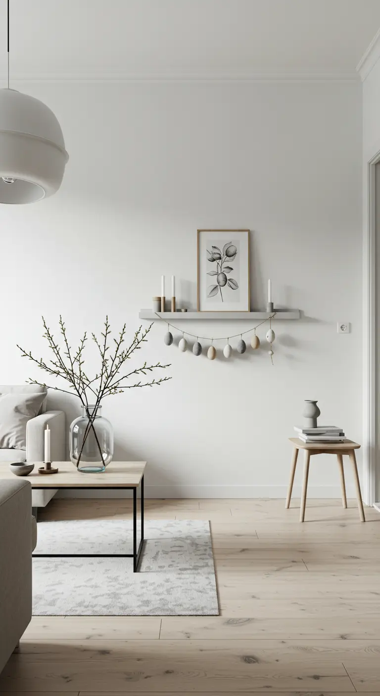 Salon minimaliste avec une étagère décorée de branches et d'une guirlande d'œufs.