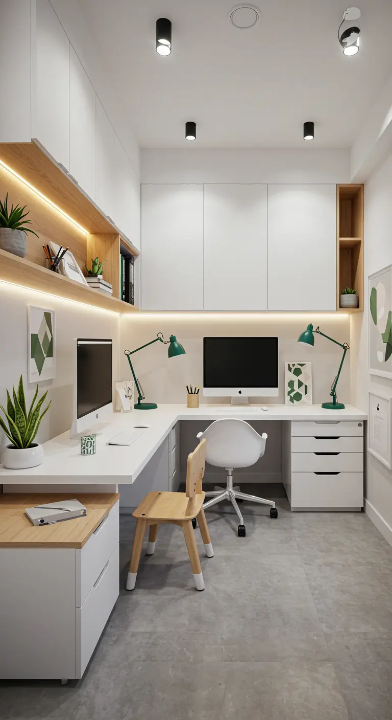 Bureau d'angle minimaliste blanc avec étagères lumineuses et touches de vert