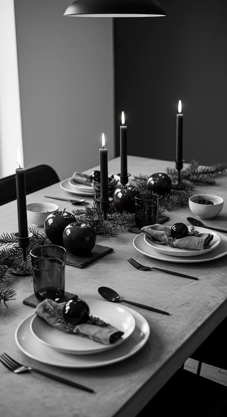 Table aux tons noir et blanc avec bougies noires, pommes noires et branches de sapin.