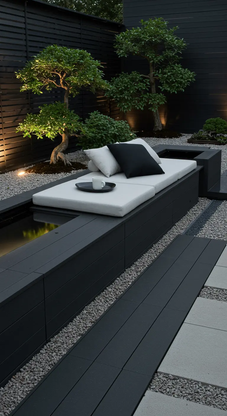 Longue banquette noire au bord d'un bassin, dans un jardin minimaliste avec arbres.