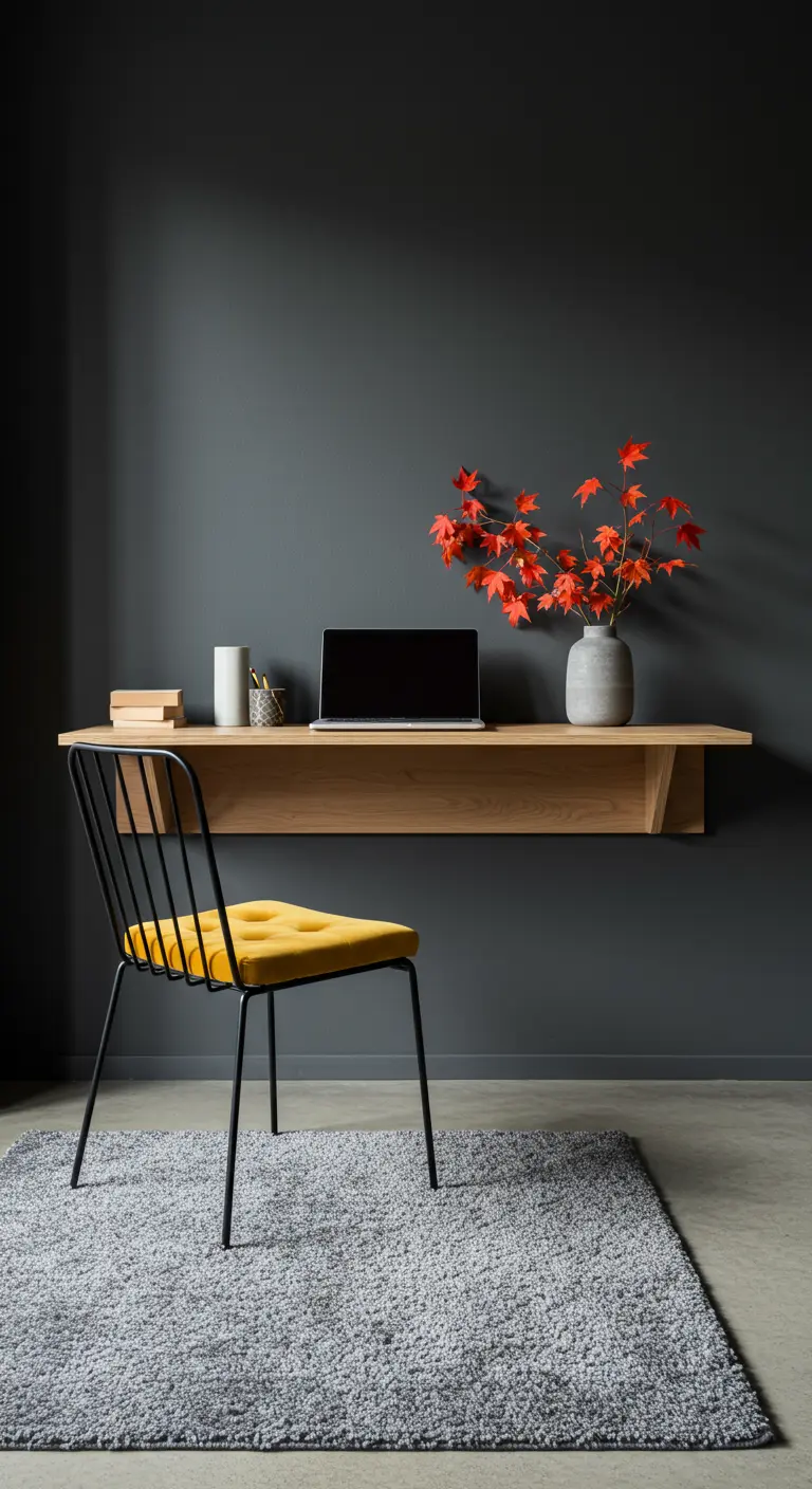 Bureau mural minimaliste en bois sur un mur sombre, avec une chaise jaune vif.