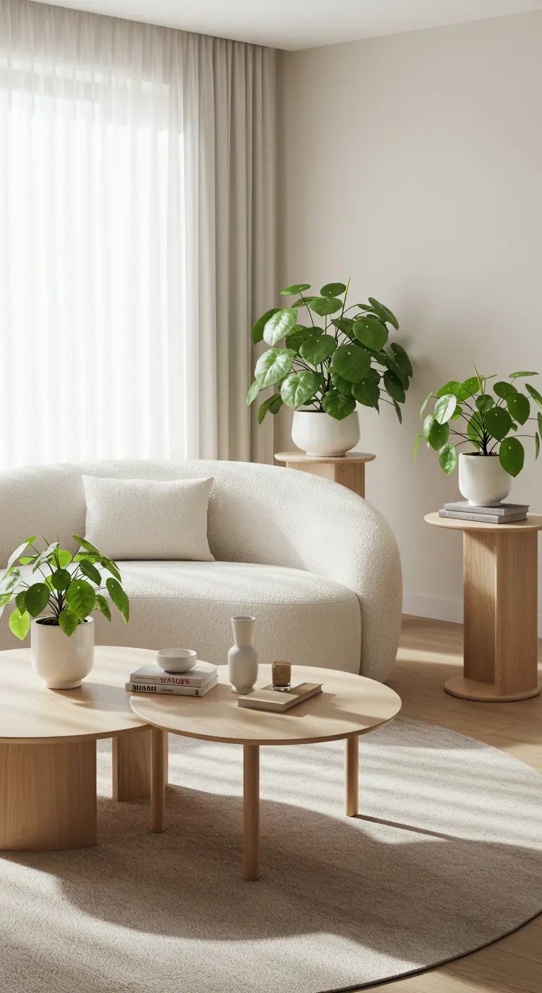 Salon minimaliste avec canapé bouclé blanc, tables en bois clair et plantes Pilea.