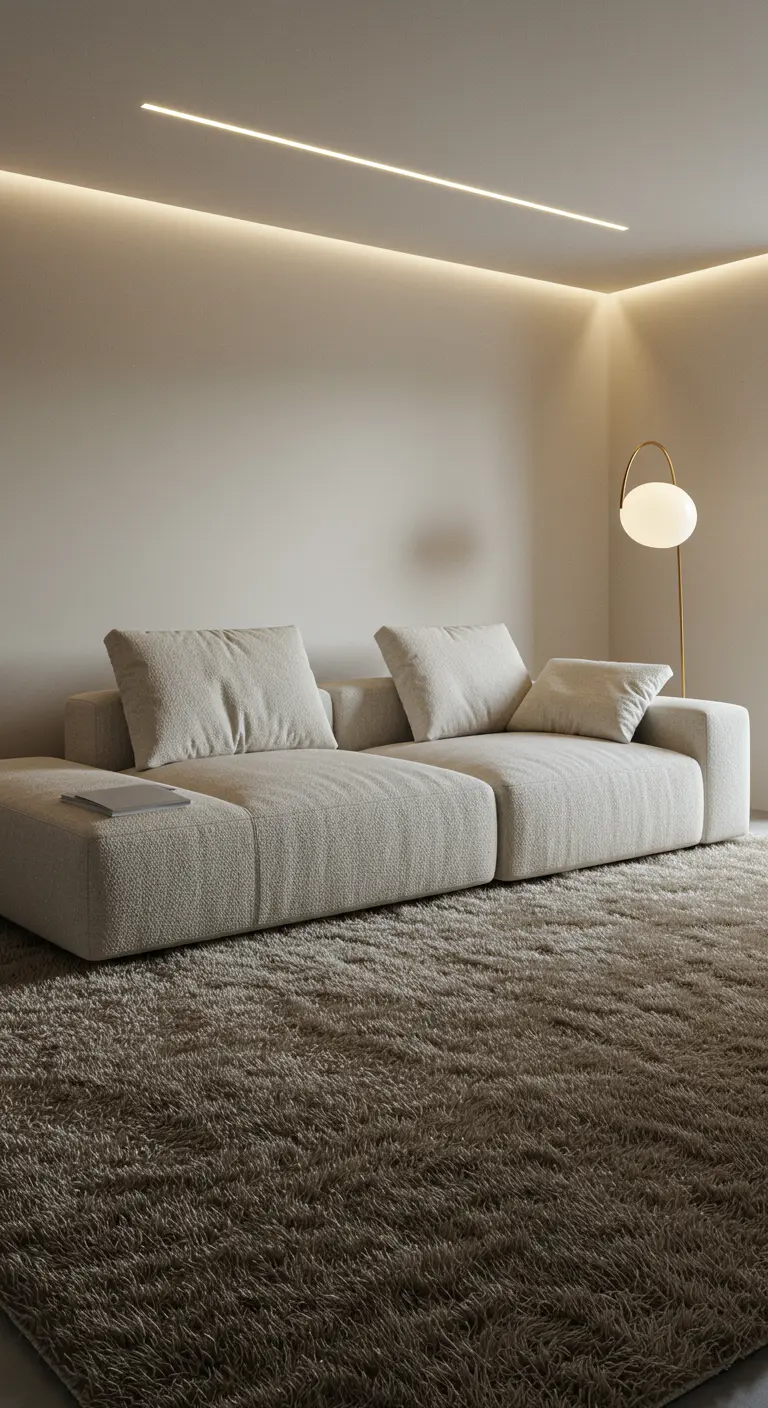 Salon minimaliste avec canapé en tissu bouclé et éclairage LED intégré.