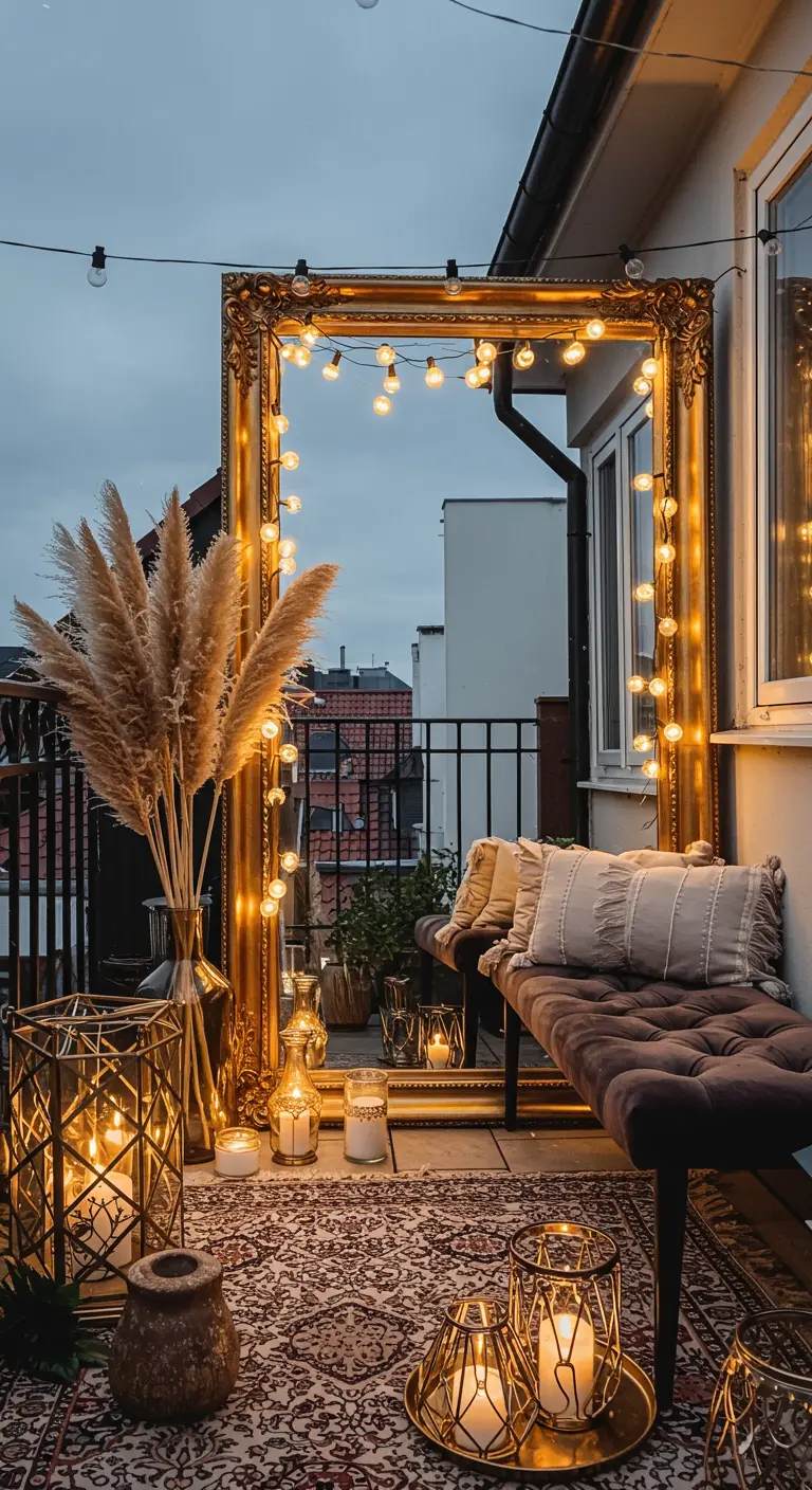Un grand miroir au cadre doré sur un balcon, entouré d'une guirlande lumineuse.