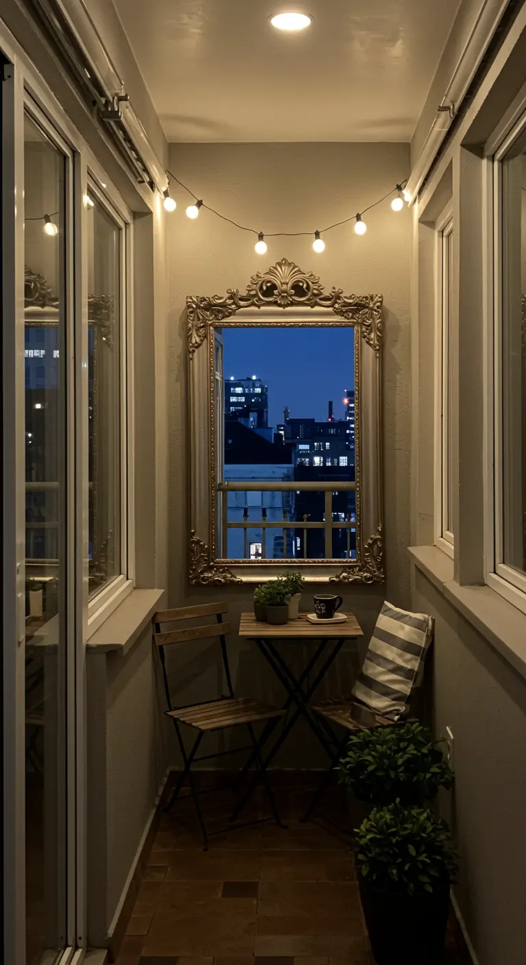 Miroir à cadre doré sur un balcon étroit, reflétant le ciel du soir.