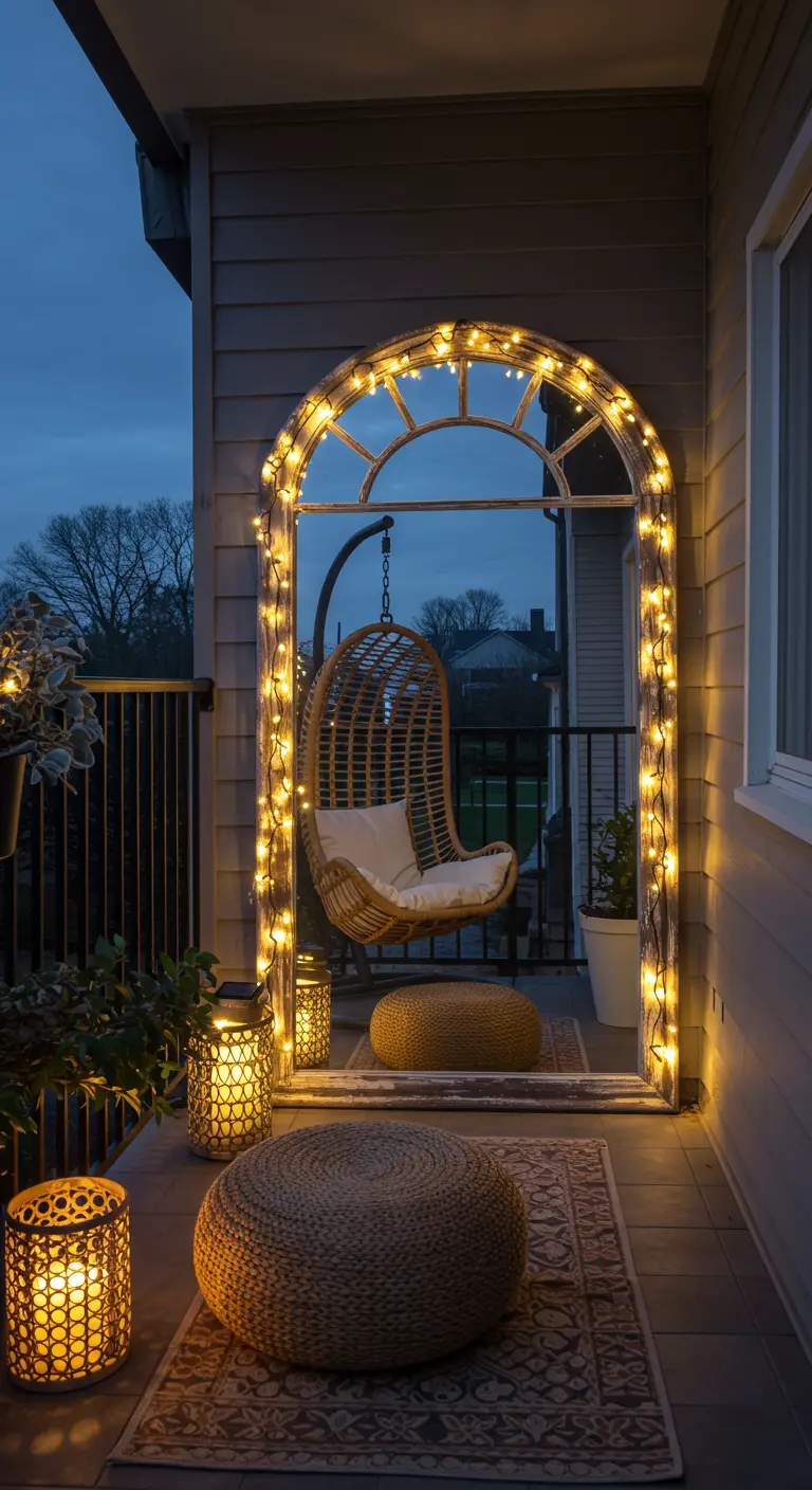 Grand miroir en forme d'arche sur un balcon, encadré d'une guirlande lumineuse.