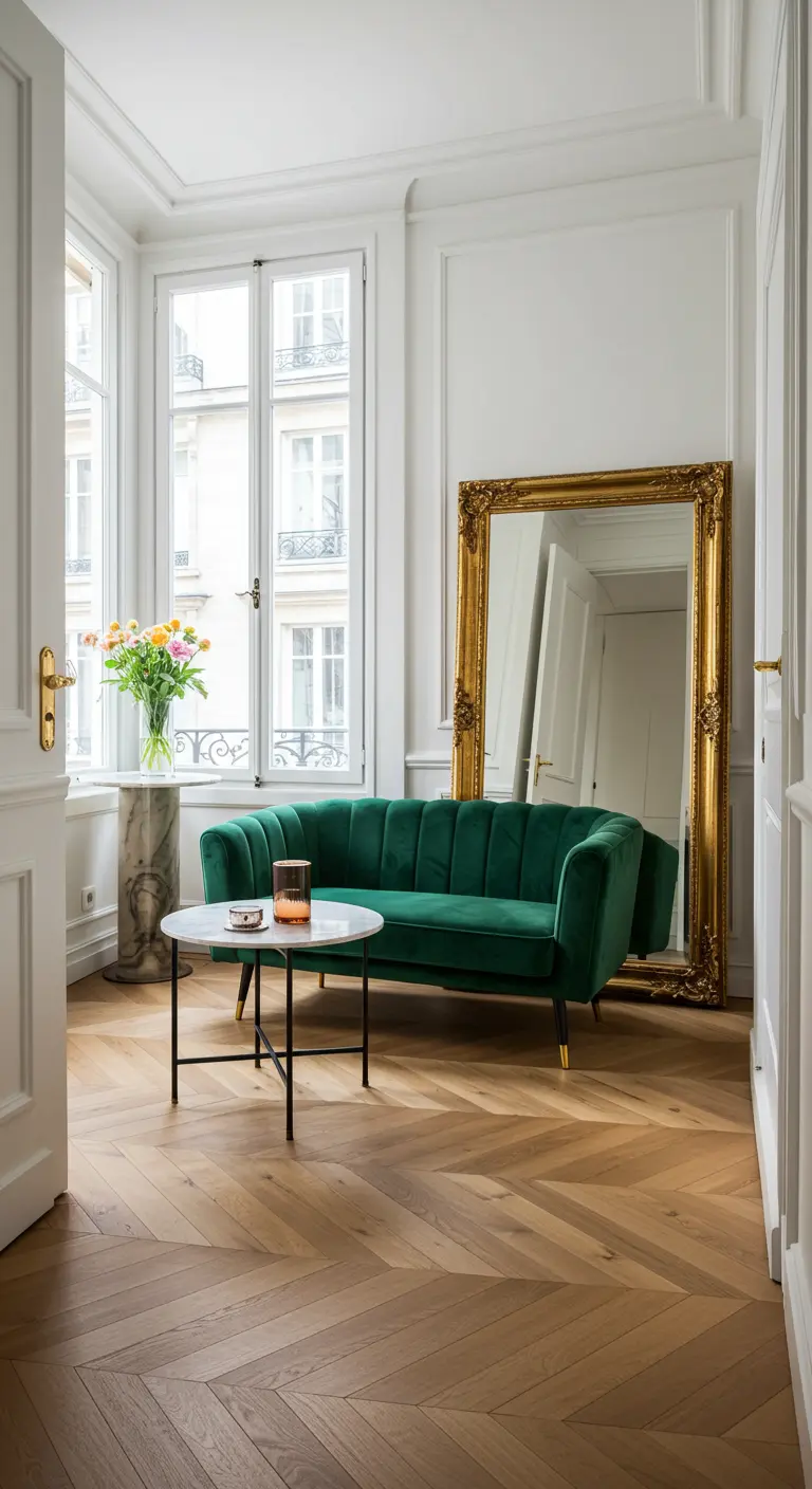 Salon parisien avec canapé en velours vert, grand miroir doré et parquet chevrons.