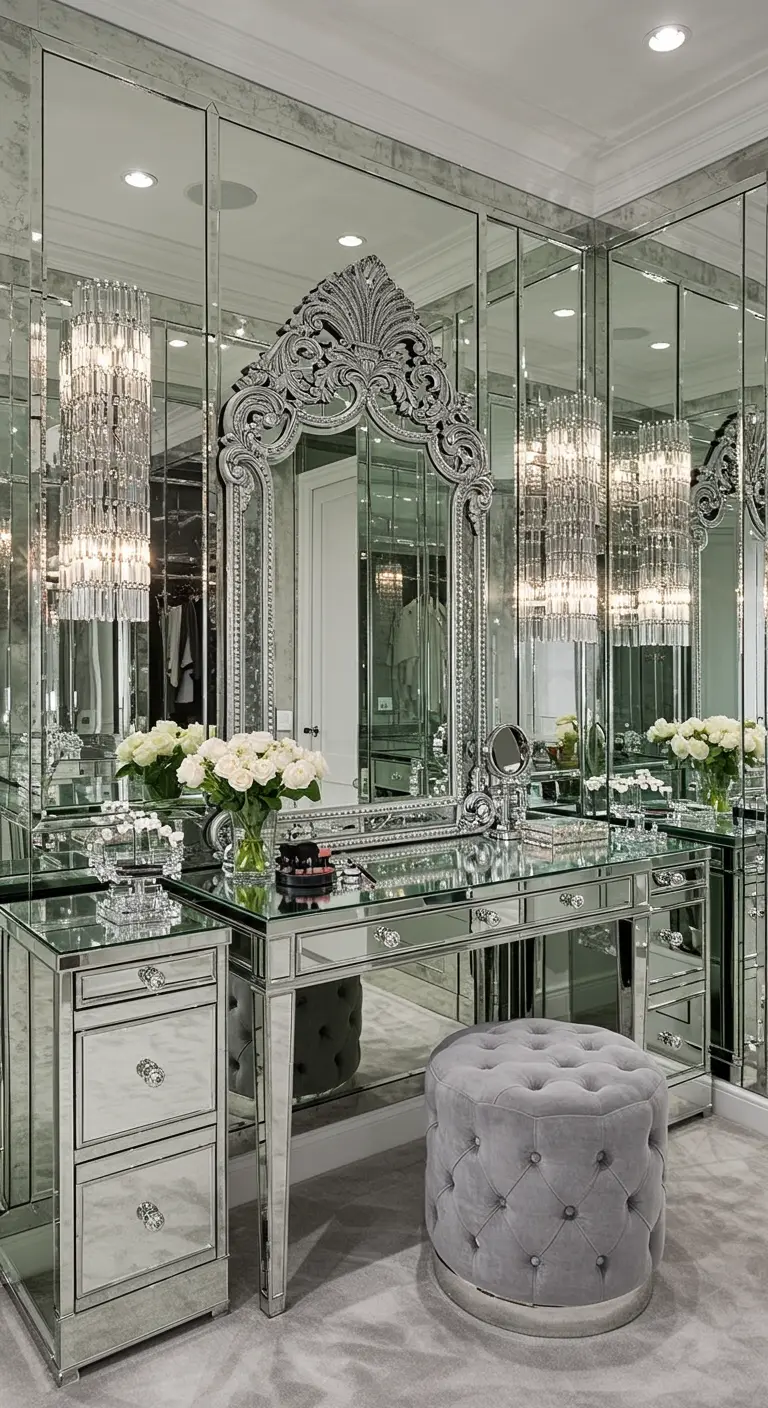 Dressing entièrement miroité, coiffeuse miroir ornée, miroir argenté baroque, pouf gris.