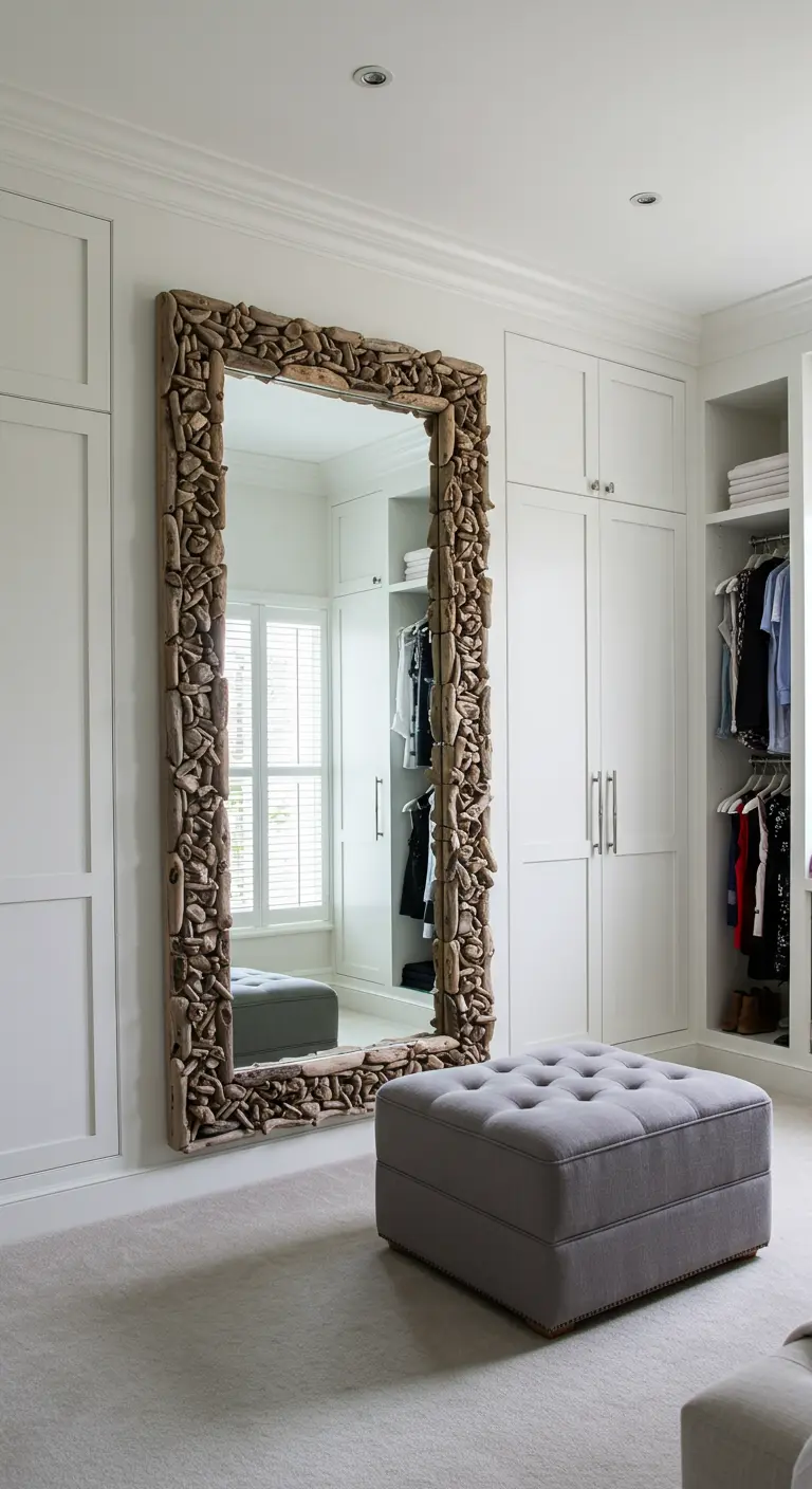 Grand miroir vertical avec un cadre épais entièrement fait de morceaux de bois flotté.