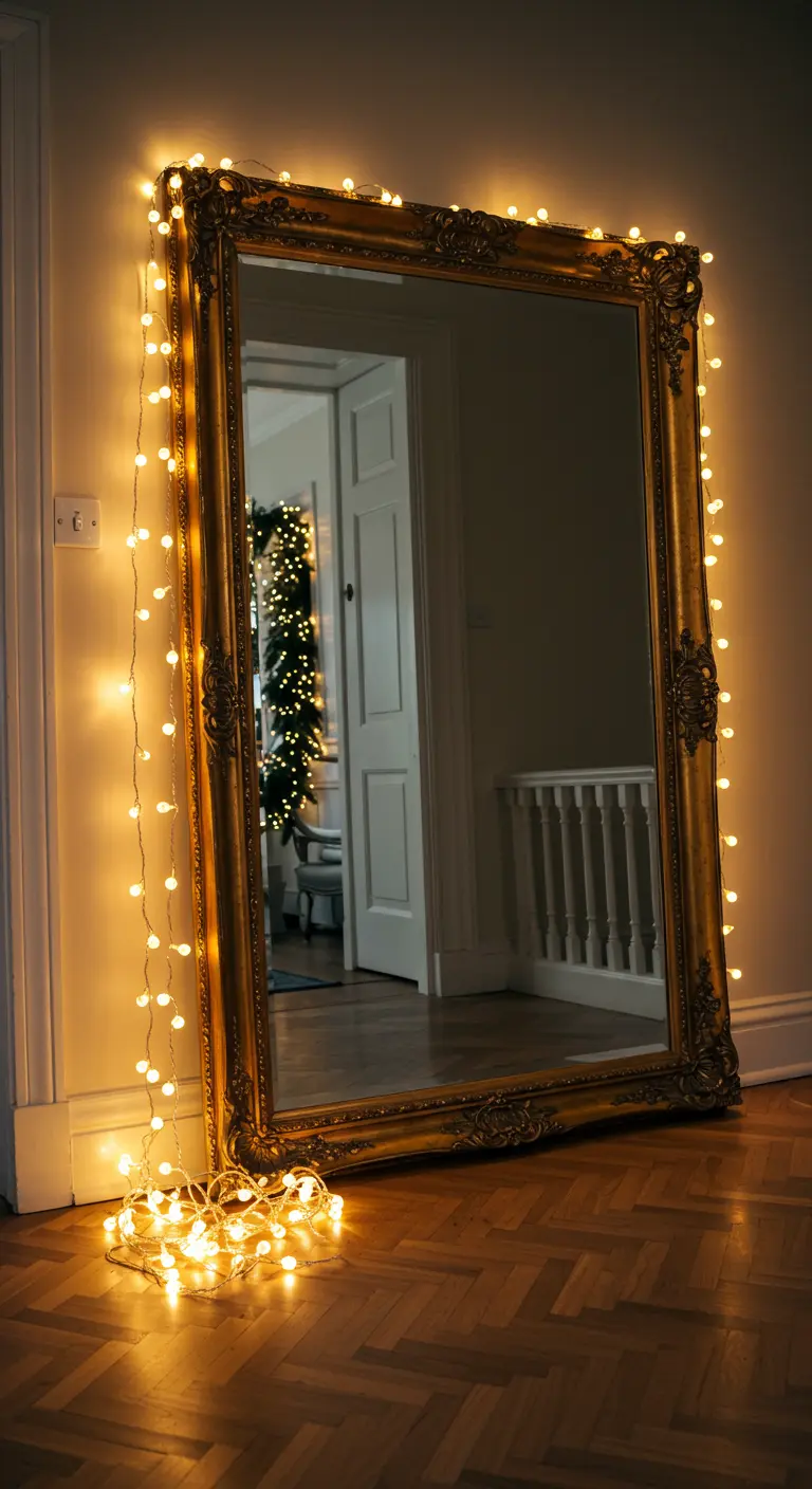 Grand miroir au cadre doré orné d'une guirlande lumineuse qui tombe au sol.