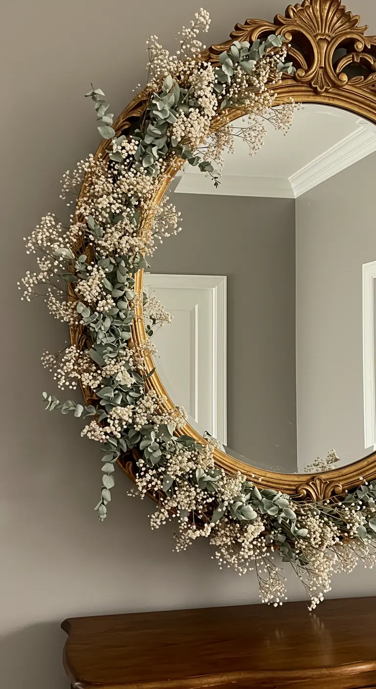 Miroir doré de style vintage décoré d'une guirlande asymétrique de gypsophile et d'eucalyptus.