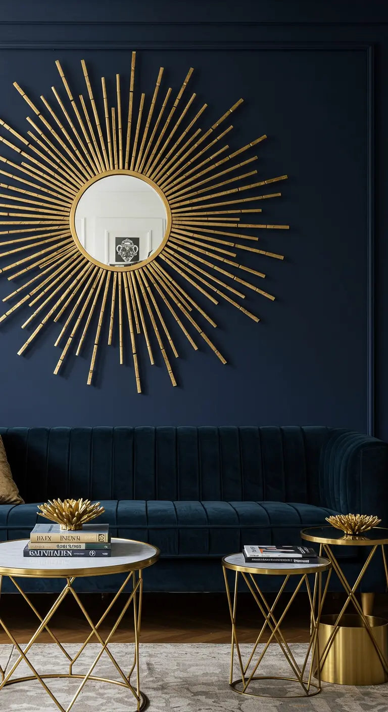 Grand miroir soleil doré de style Art Déco accroché sur un mur bleu marine profond.