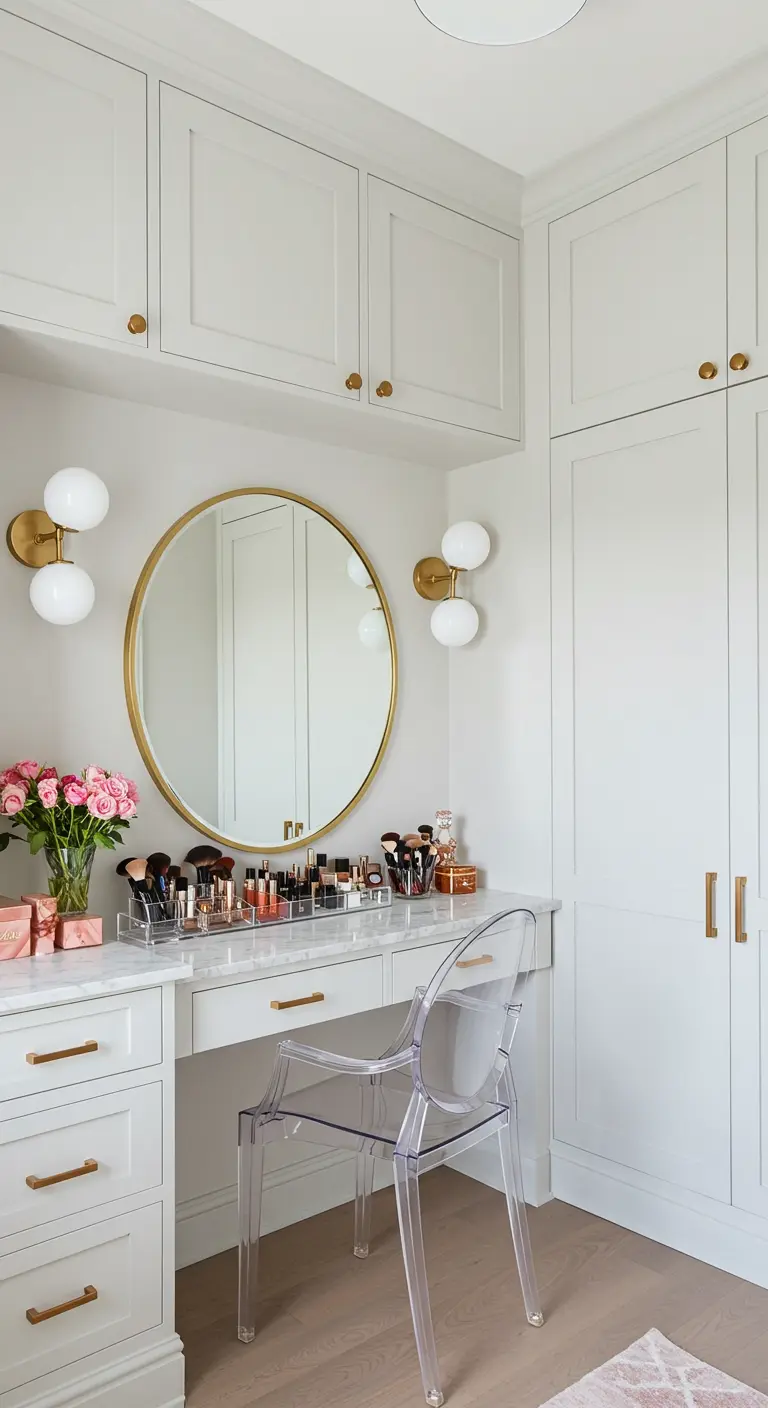 Coiffeuse blanche avec un miroir rond doré et des appliques globe.