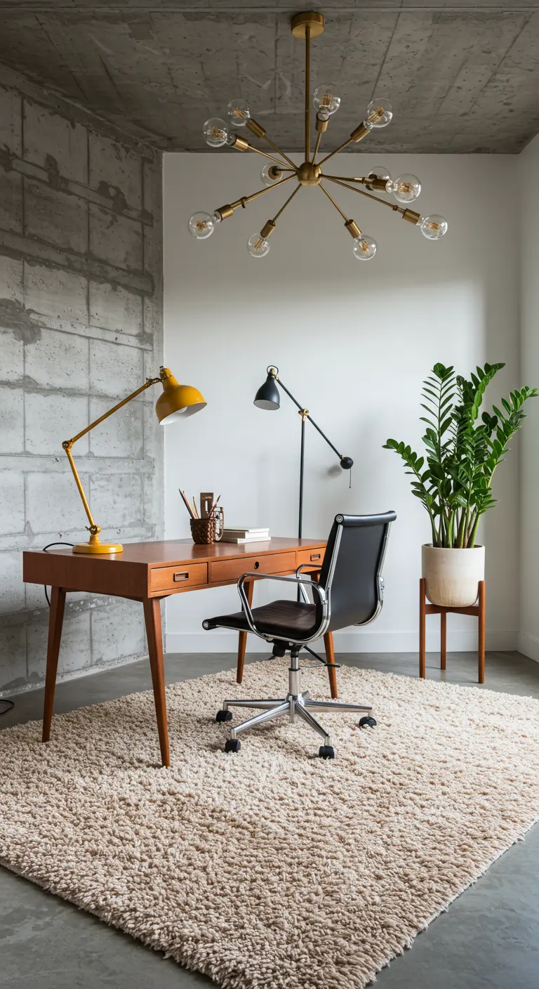 Bureau vintage style Mid-Century devant un mur de béton, avec lustre Sputnik.