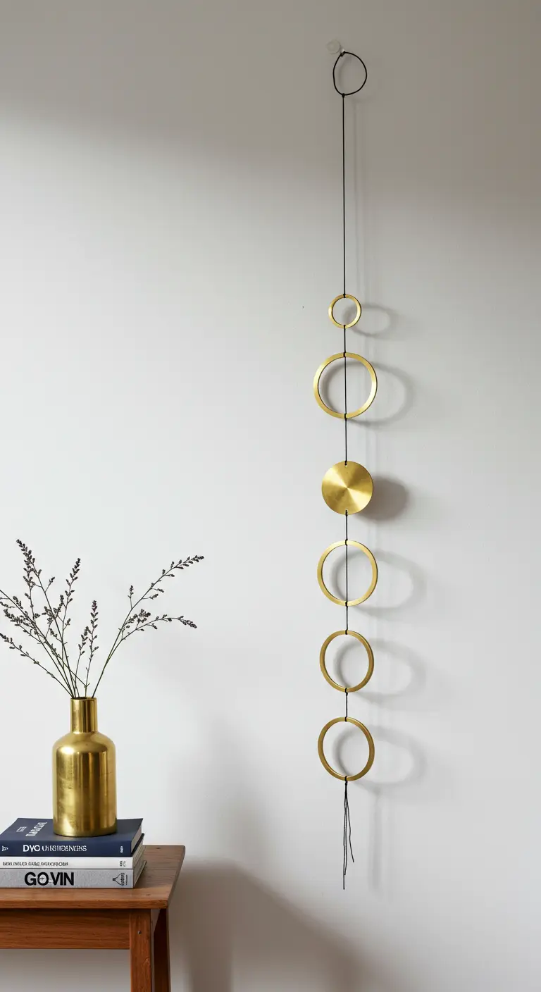 Mobile vertical minimaliste composé d'anneaux et de disques en laiton suspendus à un fil noir.