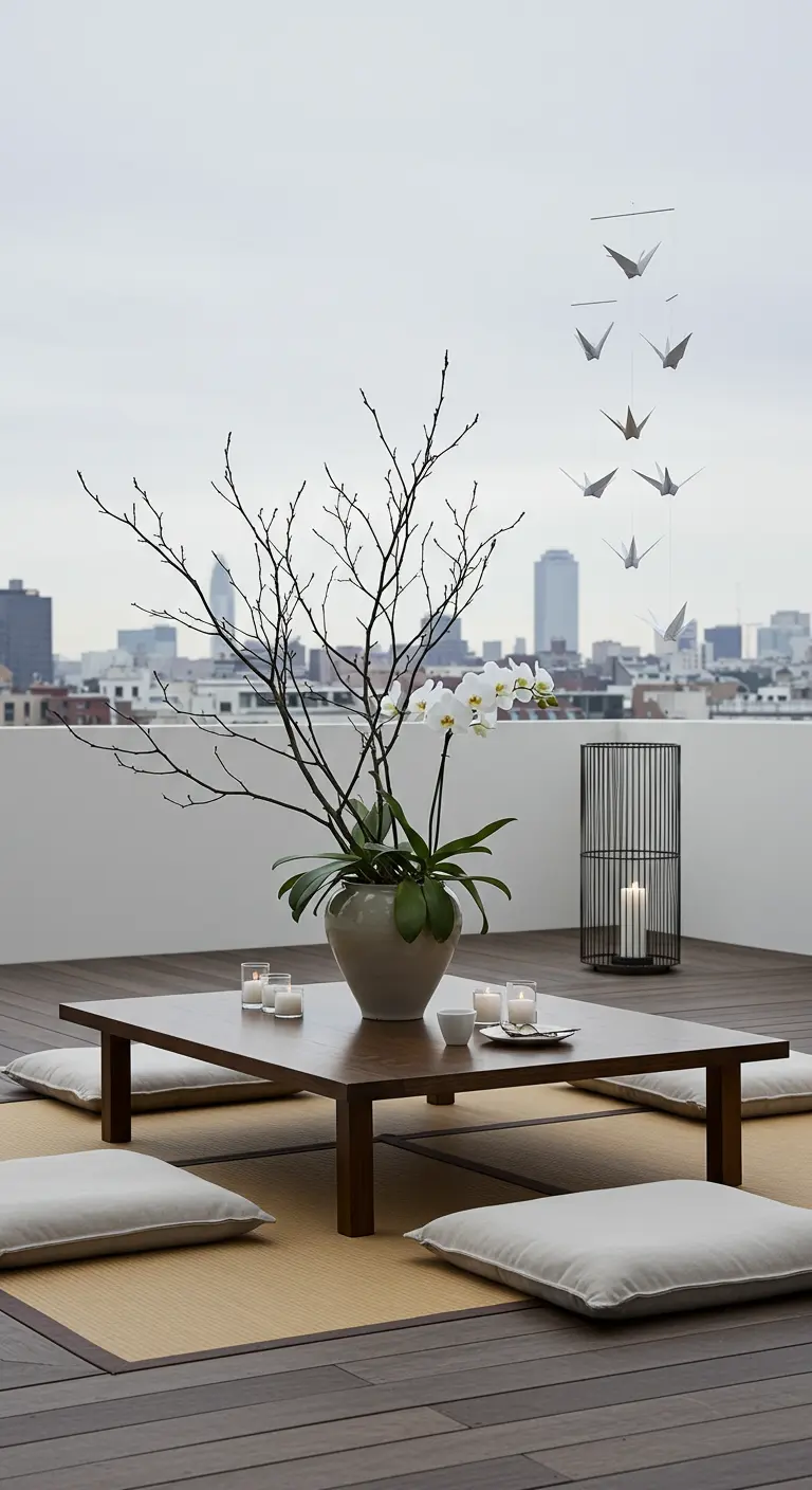 Décoration de terrasse minimaliste avec un mobile d'oiseaux et une composition florale.