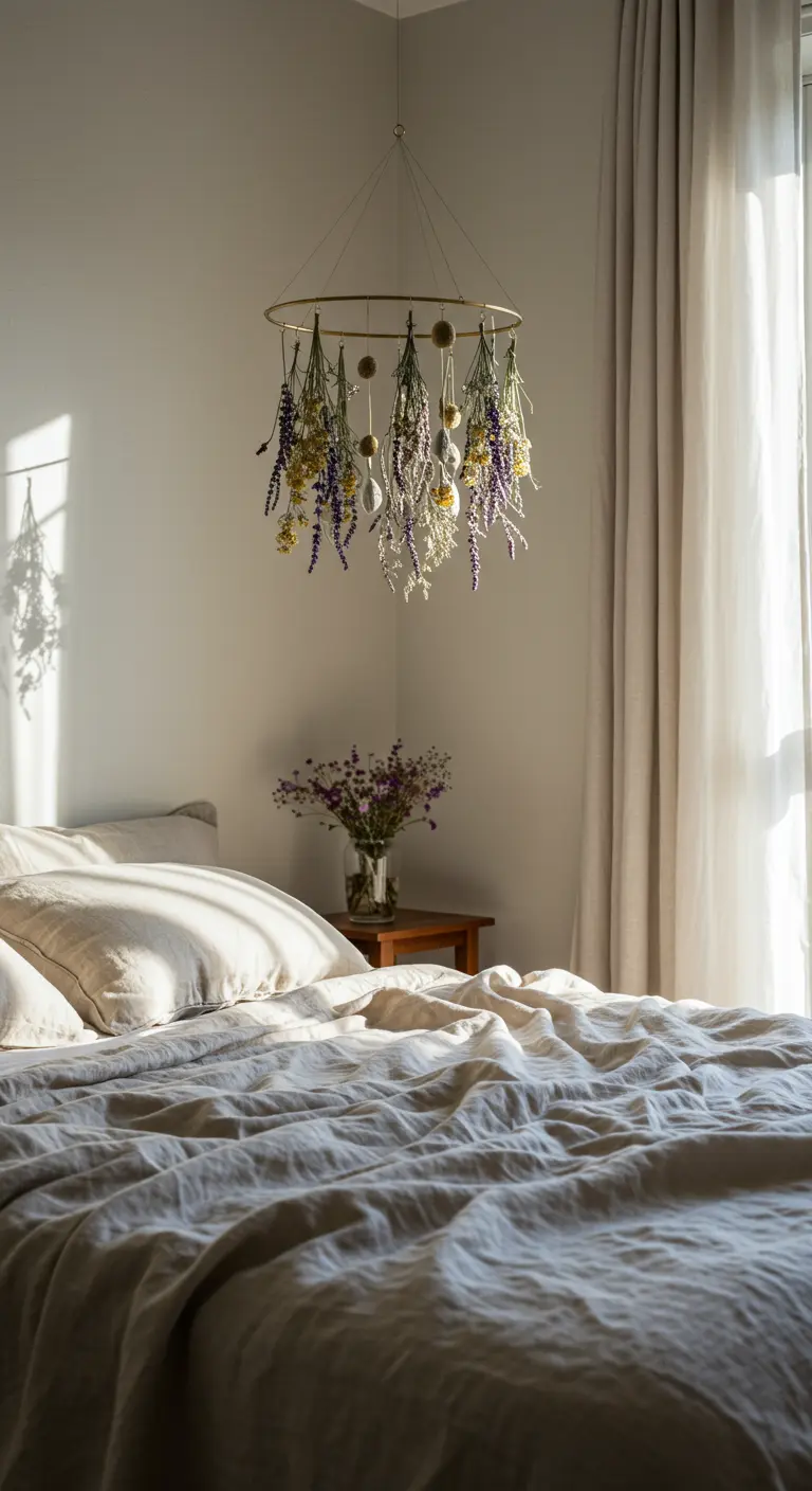 Mobile de fleurs de lavande séchées suspendu au-dessus d'un lit baigné de lumière.