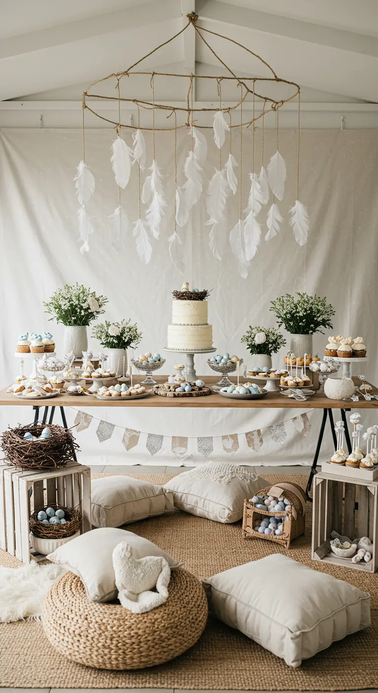 Buffet de fête avec un grand mobile de plumes blanches suspendu au-dessus.