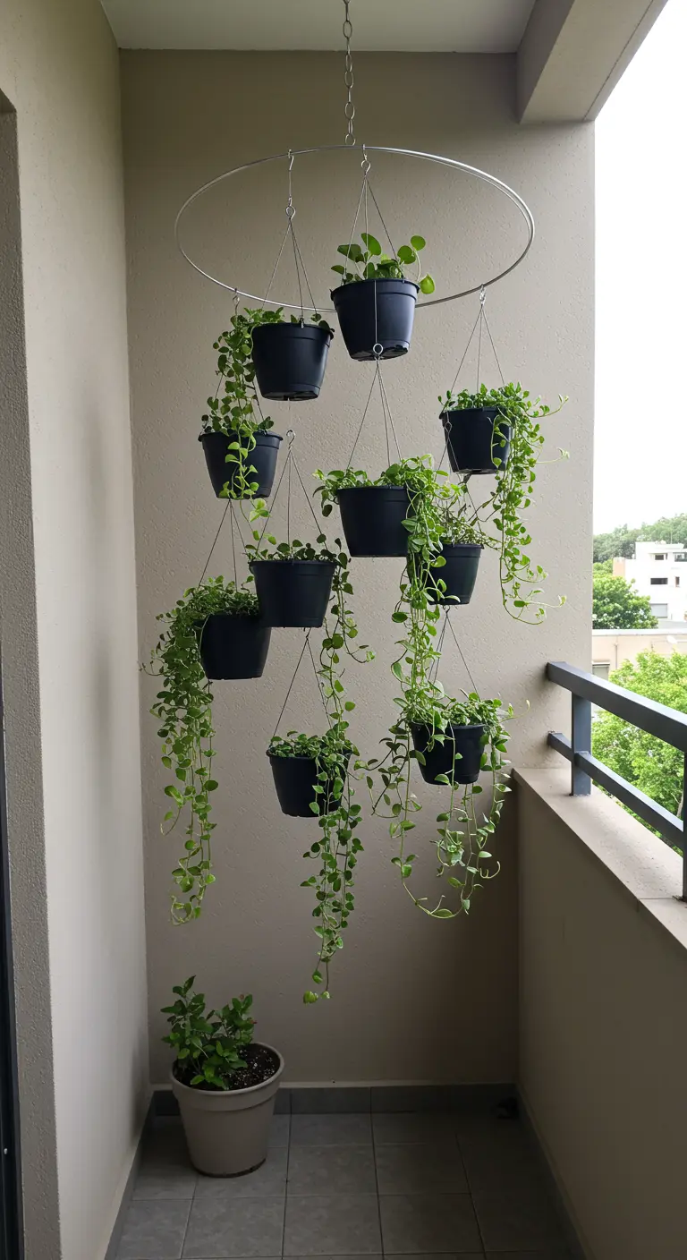 Structure métallique circulaire suspendue avec plusieurs petits pots de plantes retombantes.