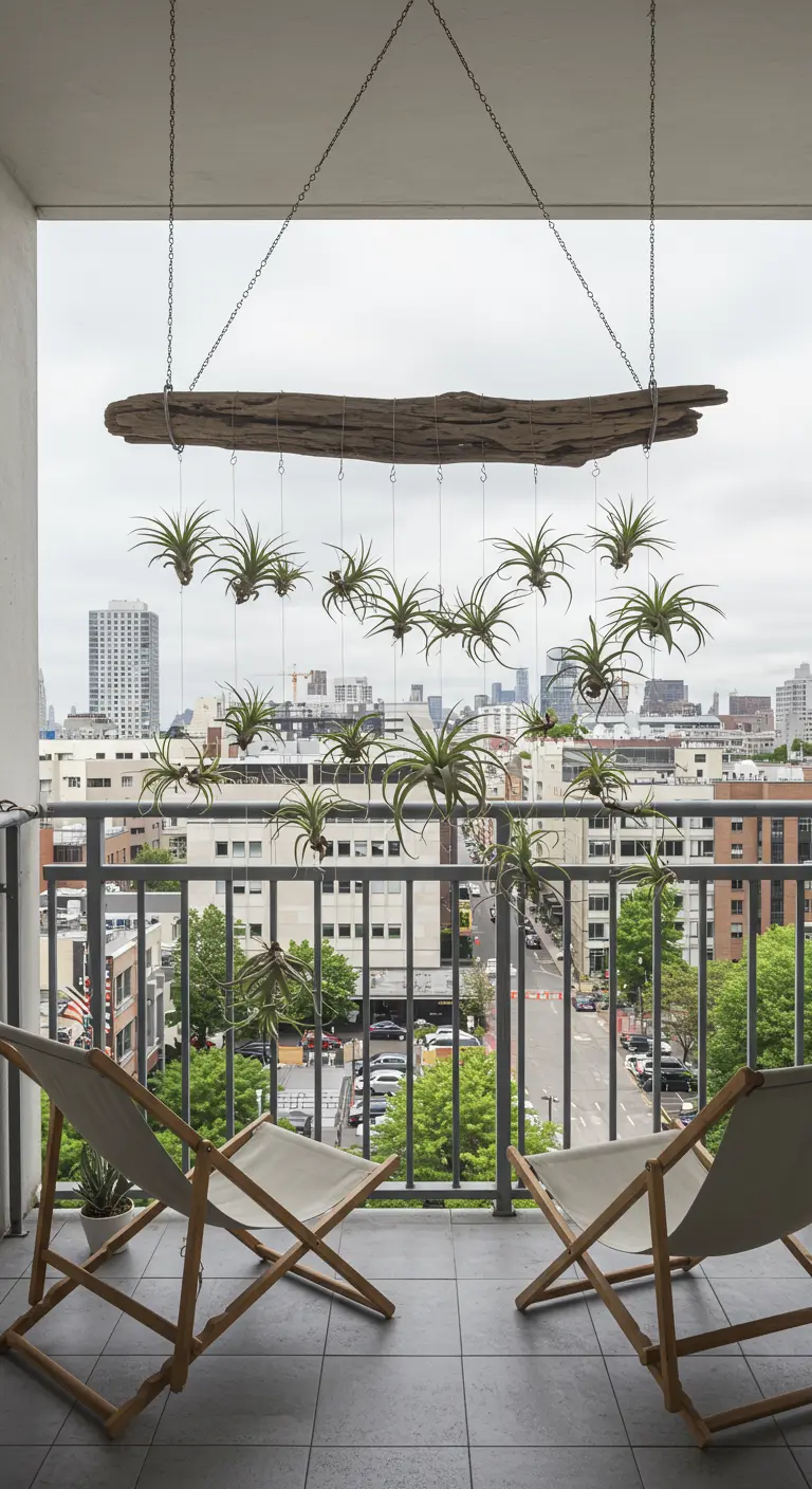 Mobile de plantes aériennes suspendues à un morceau de bois flotté sur un balcon.