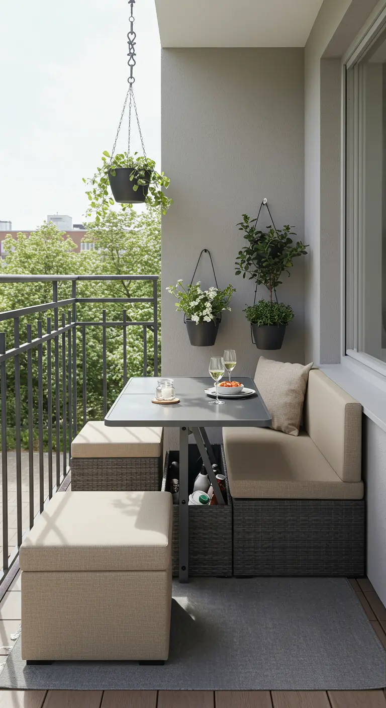 Ensemble de repas compact pour balcon avec des poufs de rangement sous la table.