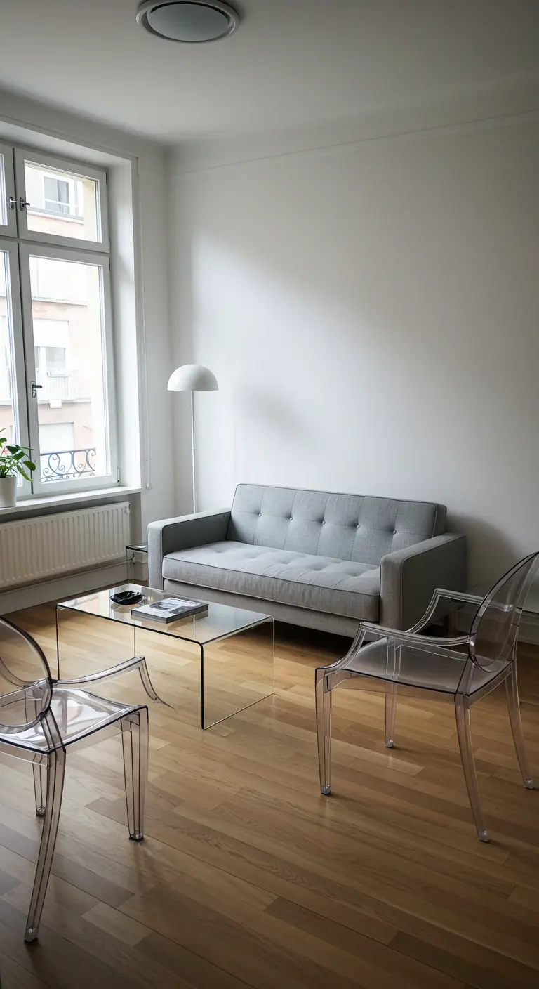 Salon minimaliste avec canapé gris, table basse en verre et chaises transparentes.