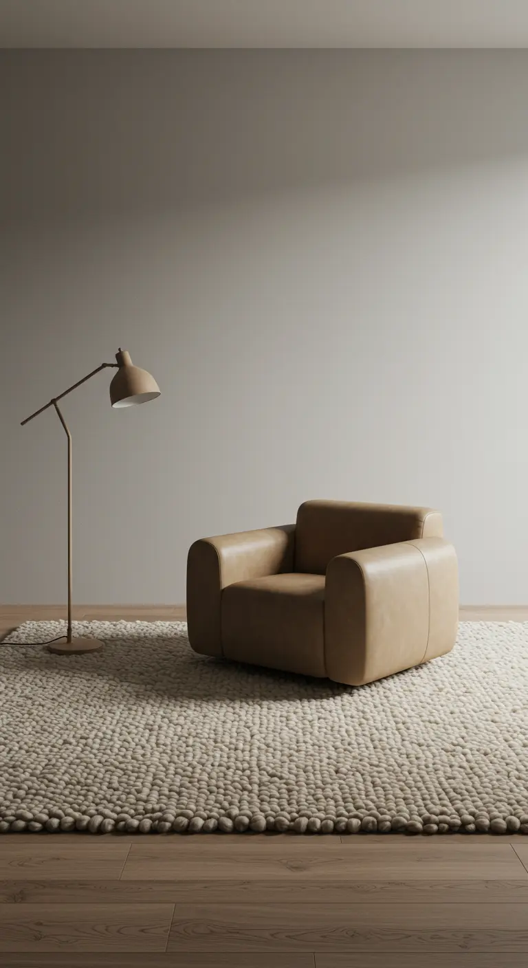 Fauteuil cubique en cuir beige sur un tapis en laine tressée épaisse.