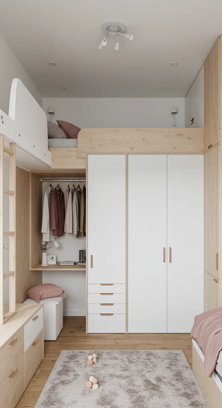 Chambre compacte avec lit mezzanine, armoire intégrée et bureau en bois clair.